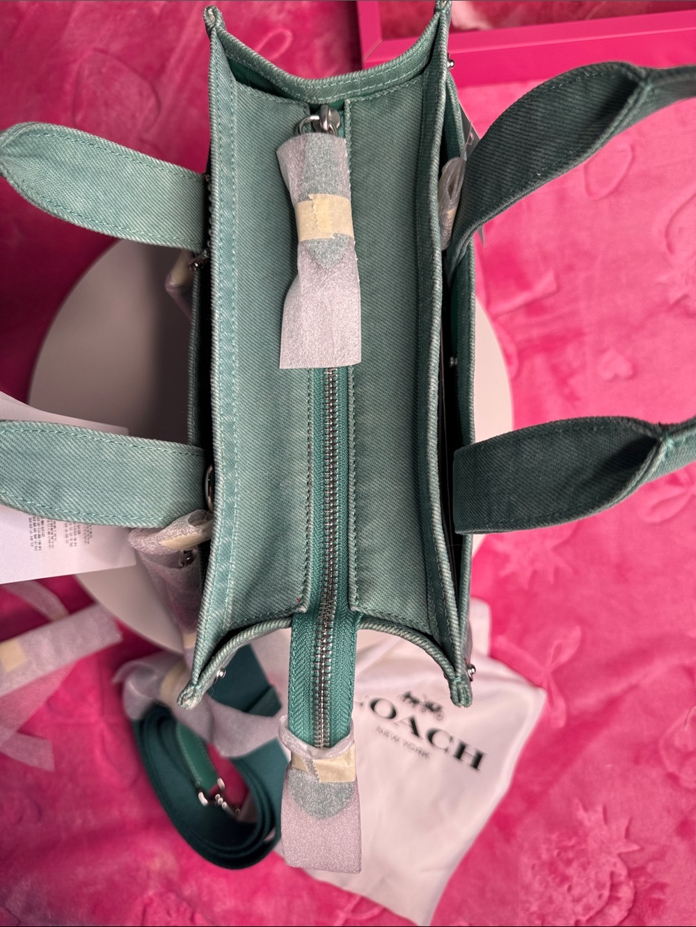 Coach 2557 Teal Denim Cargo Tote CBG46 Turnlock Snap Pockets Green Interior NWT - Picture 7 of 12
